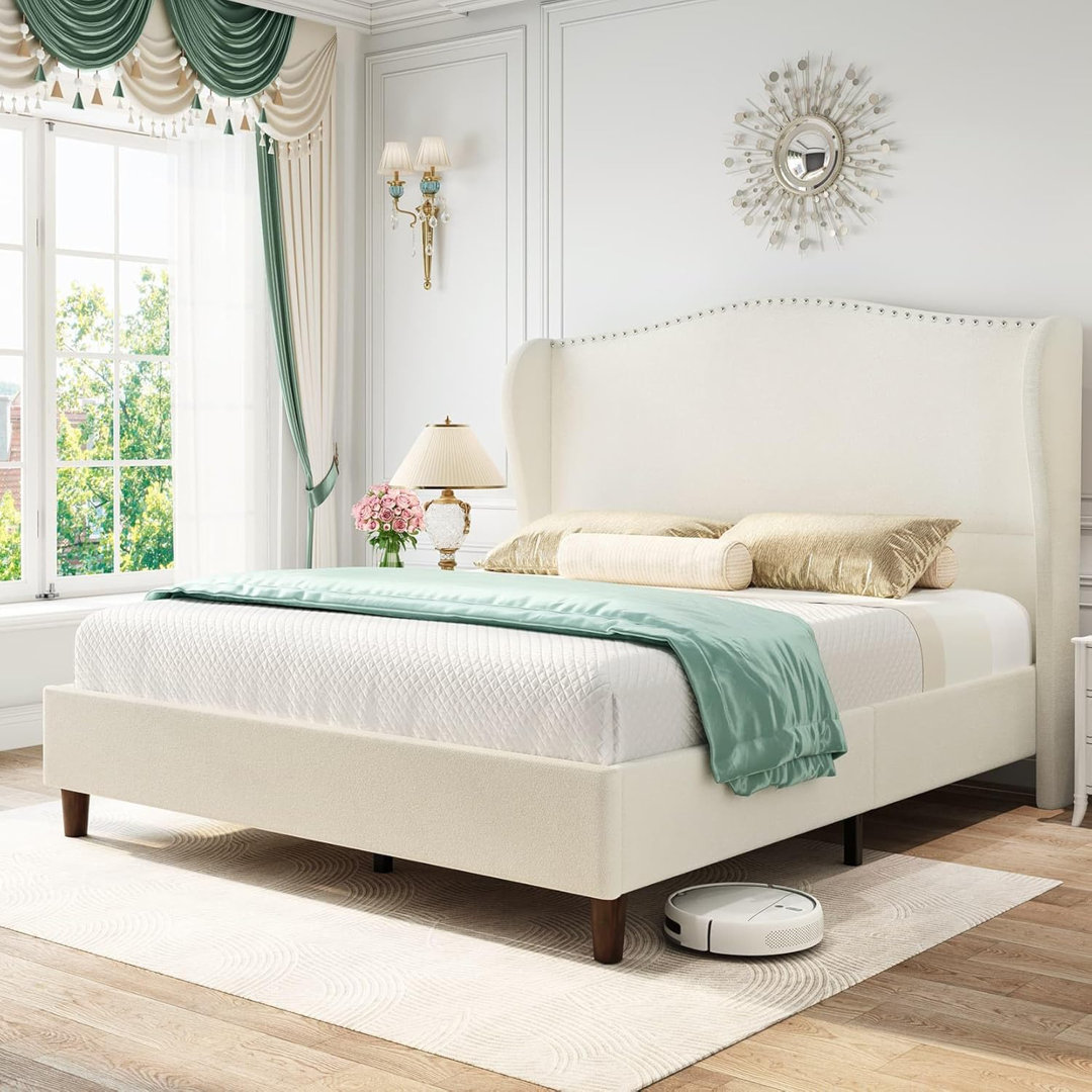 Soft-Padded Platform Bed With Curved Headboard With Rivets